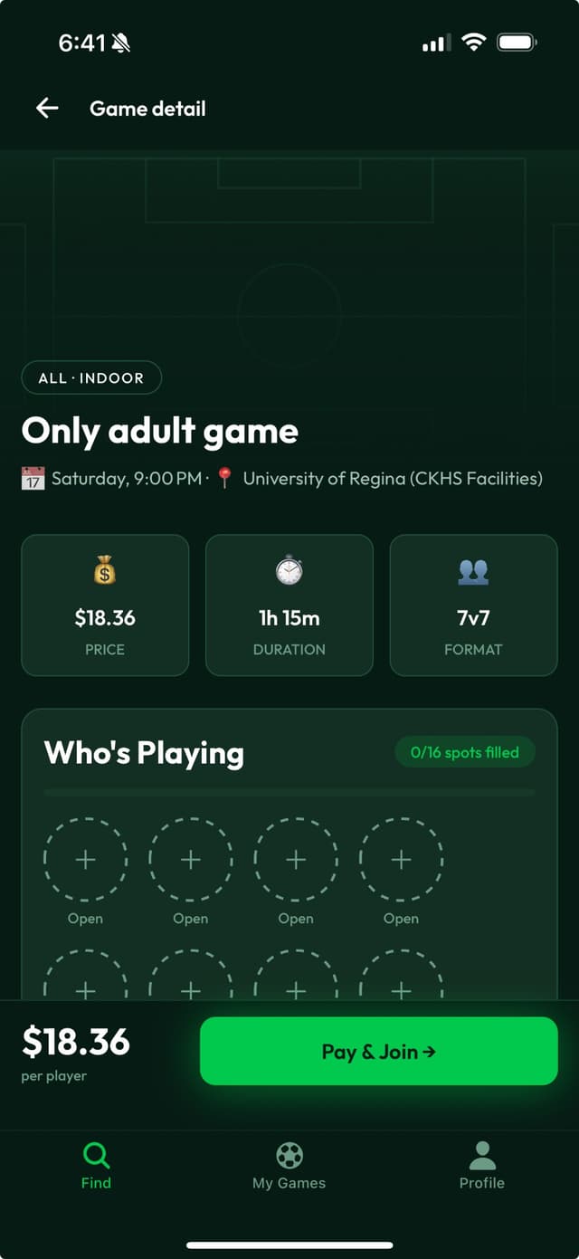 Game detail view showing session info, price, duration, and format